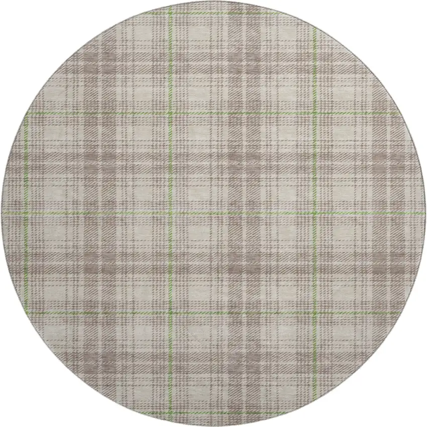 8' Beige Green And Tan Plaid Washable Round Rug With UV Protection Photo 1