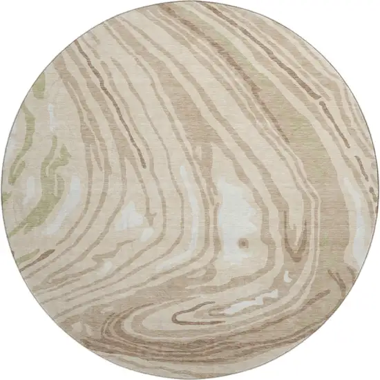 8' Beige Green And Taupe Abstract Washable Round Rug With UV Protection Photo 1