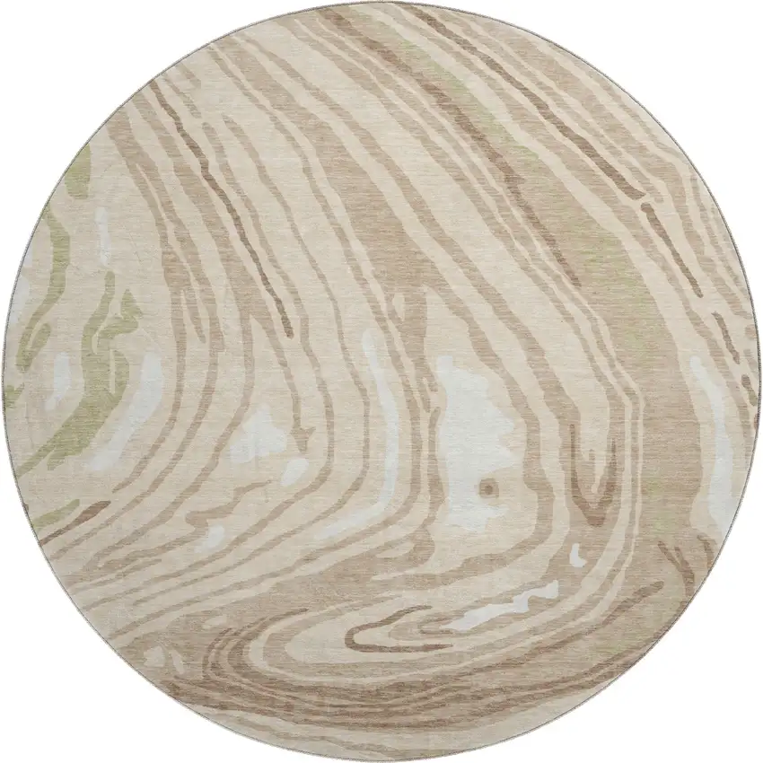 8' Beige Green And Taupe Abstract Washable Round Rug With UV Protection Photo 1