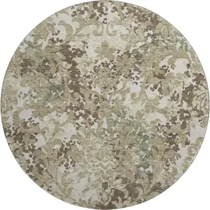 Photo of 8' Beige Green And Taupe Floral Washable Round Rug With UV Protection
