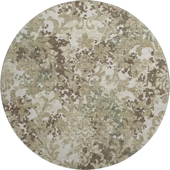 8' Beige Green And Taupe Floral Washable Round Rug With UV Protection Photo 1