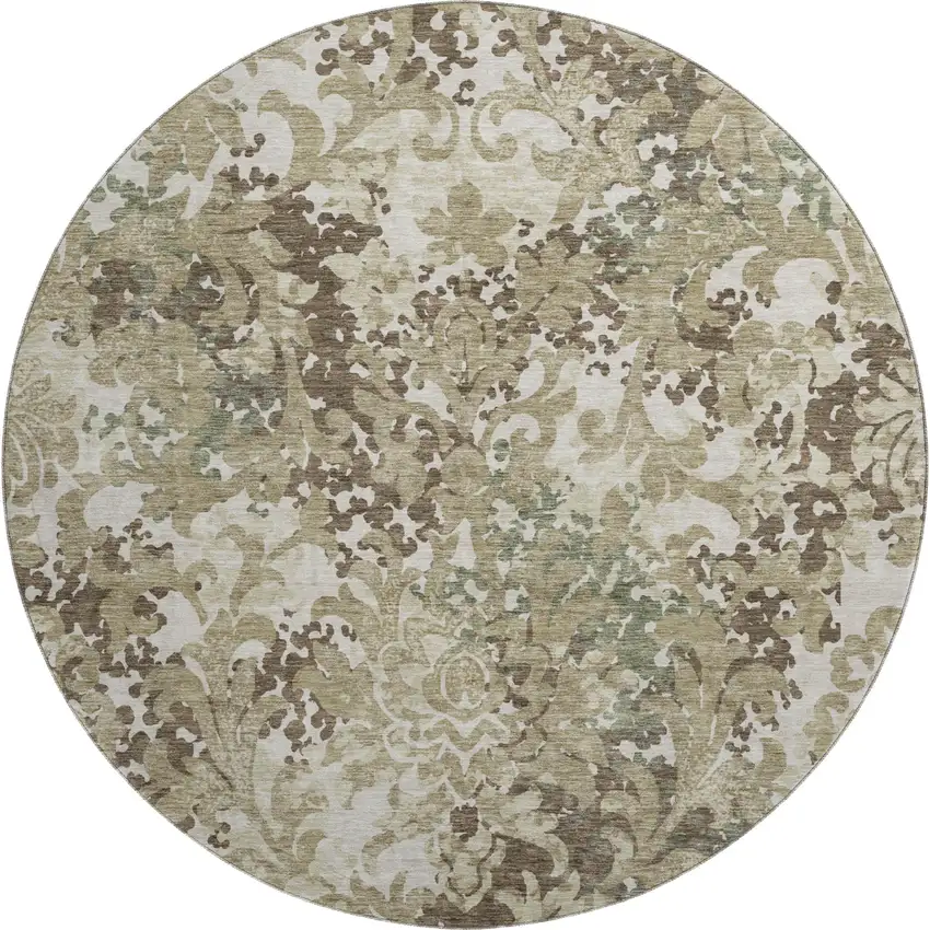 8' Beige Green And Taupe Floral Washable Round Rug With UV Protection Photo 1