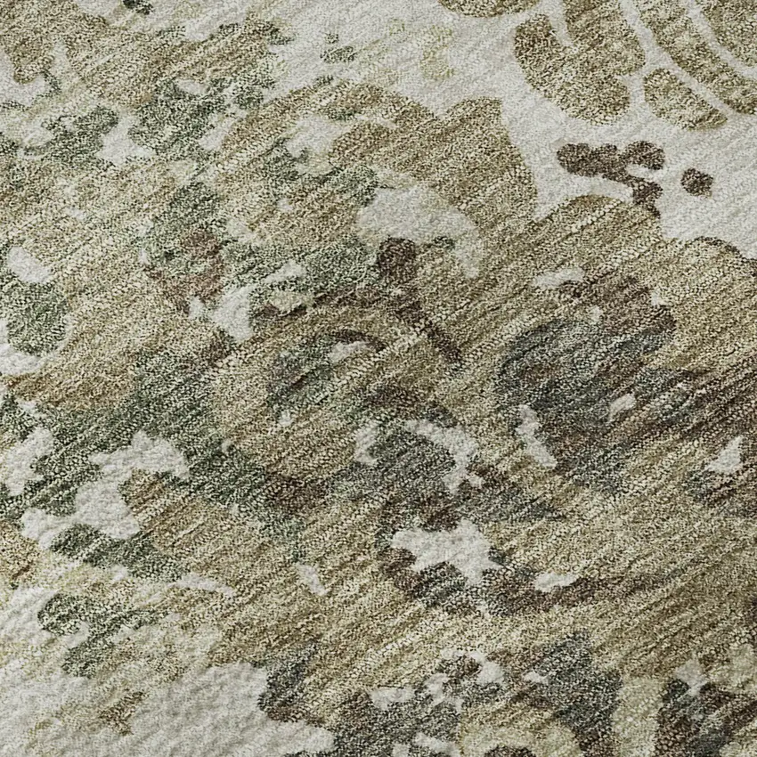 8' Beige Green And Taupe Floral Washable Round Rug With UV Protection Photo 9