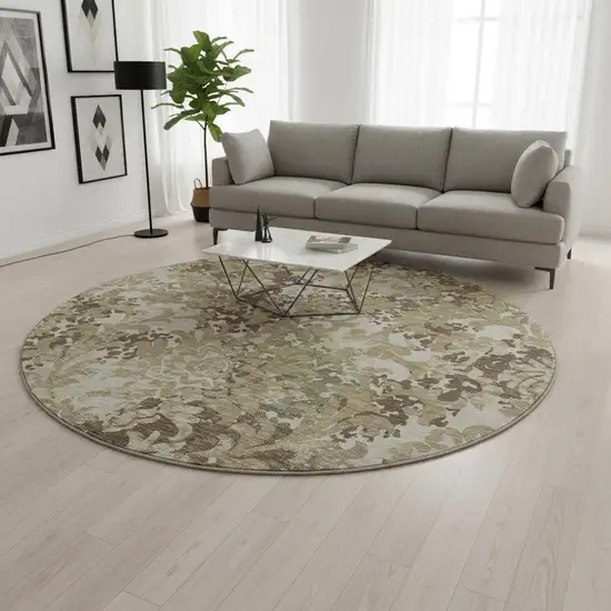 8' Beige Green And Taupe Floral Washable Round Rug With UV Protection Photo 2