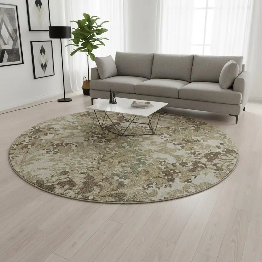 8' Beige Green And Taupe Floral Washable Round Rug With UV Protection Photo 2