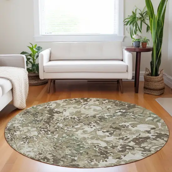 8' Beige Green And Taupe Floral Washable Round Rug With UV Protection Photo 5