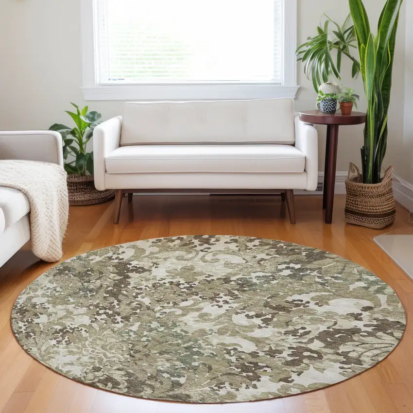 8' Beige Green And Taupe Floral Washable Round Rug With UV Protection Photo 5