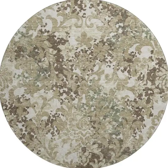 8' Beige Green And Taupe Floral Washable Round Rug With UV Protection Photo 3