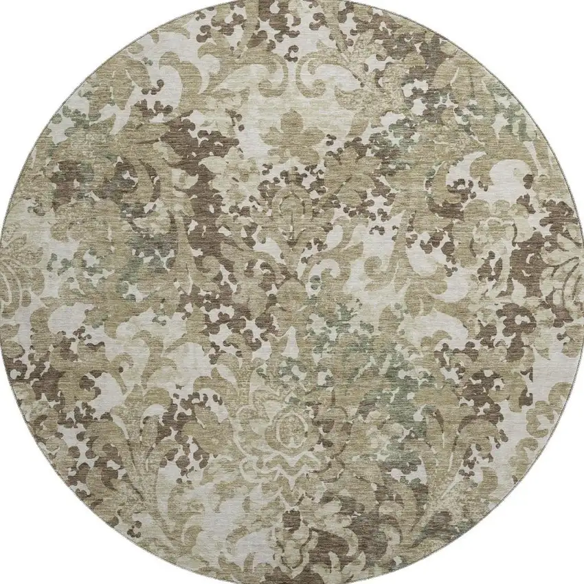 8' Beige Green And Taupe Floral Washable Round Rug With UV Protection Photo 3
