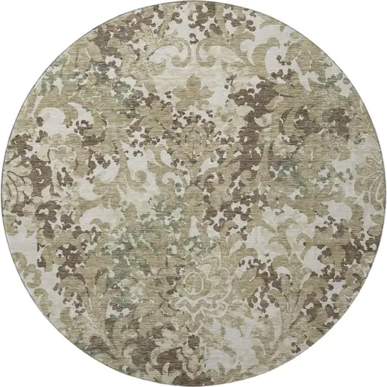 8' Beige Green And Taupe Floral Washable Round Rug With UV Protection Photo 4