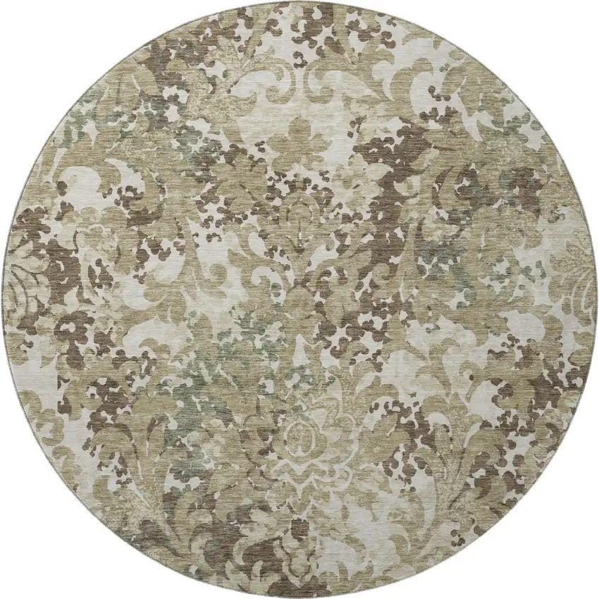 8' Beige Green And Taupe Floral Washable Round Rug With UV Protection Photo 4