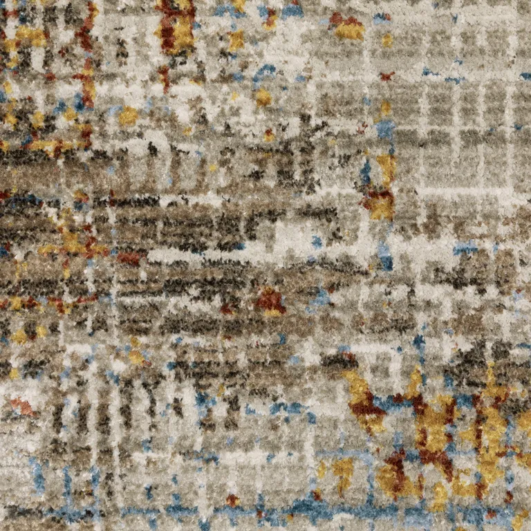 8' Beige Grey Brown Gold Red And Blue Abstract Power Loom Runner Rug With Fringe Photo 3