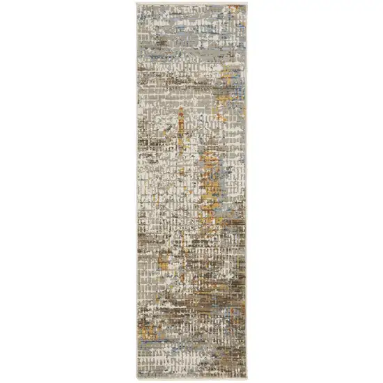 8' Beige Grey Brown Gold Red And Blue Abstract Power Loom Runner Rug With Fringe Photo 1