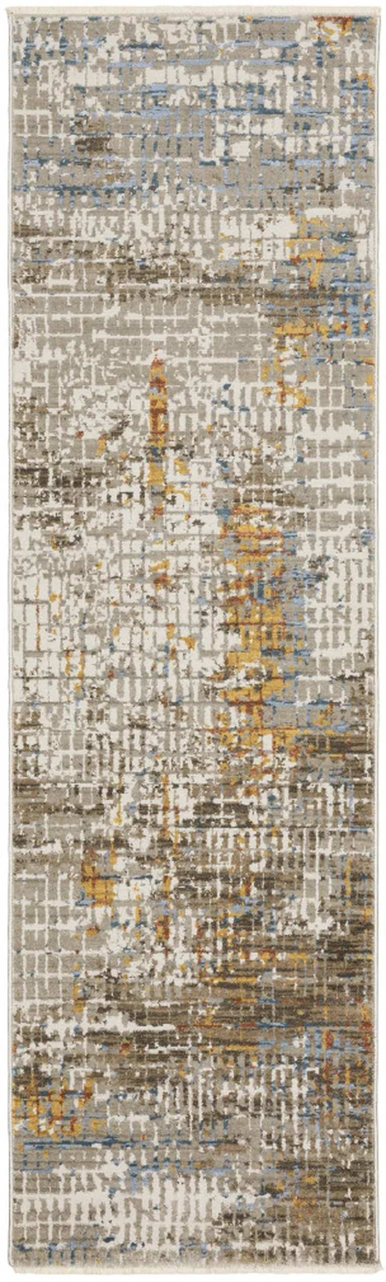 8' Beige Grey Brown Gold Red And Blue Abstract Power Loom Runner Rug With Fringe Photo 1
