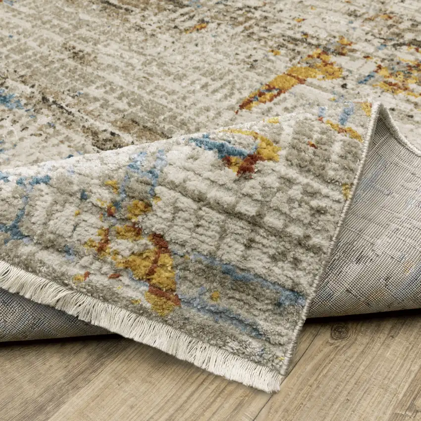 8' Beige Grey Brown Gold Red And Blue Abstract Power Loom Runner Rug With Fringe Photo 8