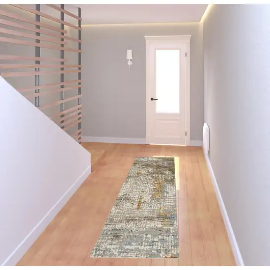 8' Beige Grey Brown Gold Red And Blue Abstract Power Loom Runner Rug With Fringe Photo 2