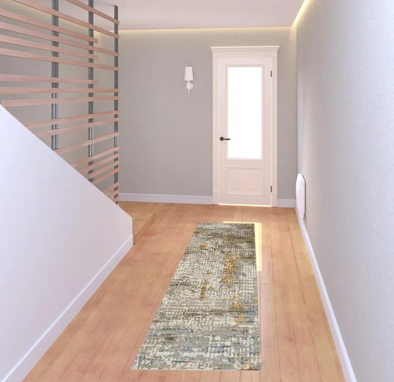 8' Beige Grey Brown Gold Red And Blue Abstract Power Loom Runner Rug With Fringe Photo 2