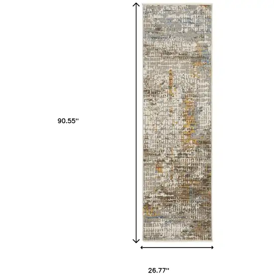 8' Beige Grey Brown Gold Red And Blue Abstract Power Loom Runner Rug With Fringe Photo 9