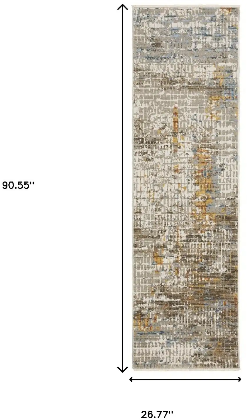 8' Beige Grey Brown Gold Red And Blue Abstract Power Loom Runner Rug With Fringe Photo 9