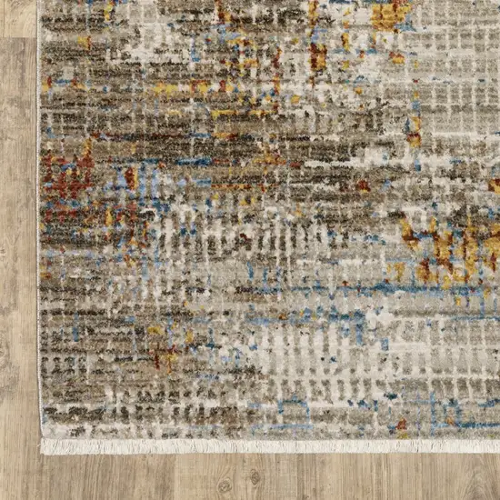 8' Beige Grey Brown Gold Red And Blue Abstract Power Loom Runner Rug With Fringe Photo 4