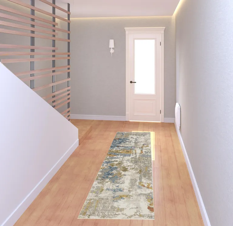 8' Beige Grey Gold Blue Rust And Teal Abstract Power Loom Runner Rug With Fringe Photo 2