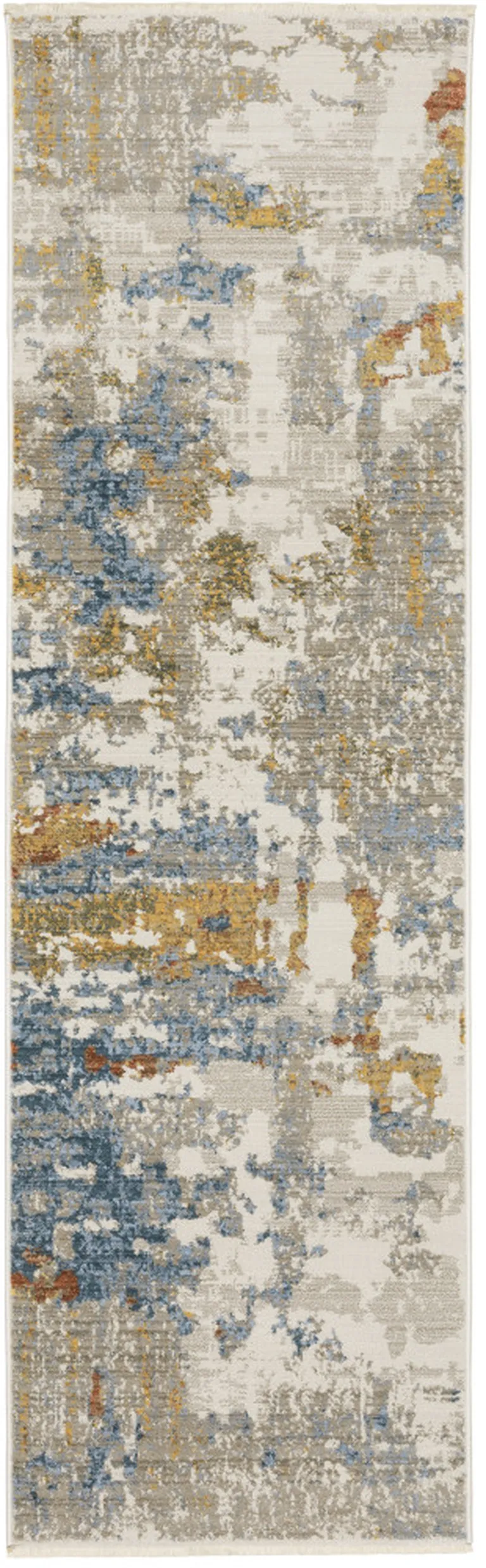 8' Beige Grey Gold Blue Rust And Teal Abstract Power Loom Runner Rug With Fringe Photo 1