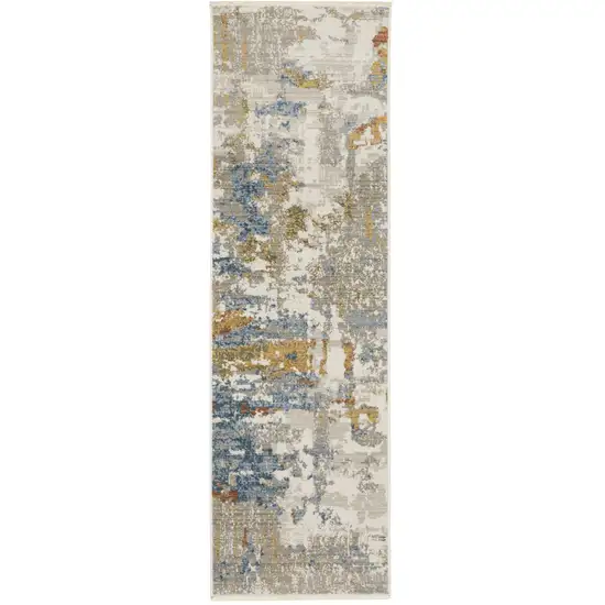 8' Beige Grey Gold Blue Rust And Teal Abstract Power Loom Runner Rug With Fringe Photo 1