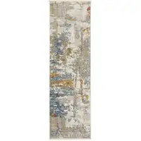 Photo of 8' Beige Grey Gold Blue Rust And Teal Abstract Power Loom Runner Rug With Fringe