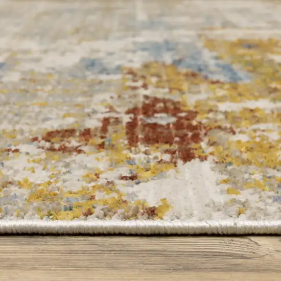 8' Beige Grey Gold Blue Rust And Teal Abstract Power Loom Runner Rug With Fringe Photo 3