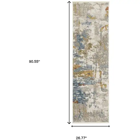 8' Beige Grey Gold Blue Rust And Teal Abstract Power Loom Runner Rug With Fringe Photo 3