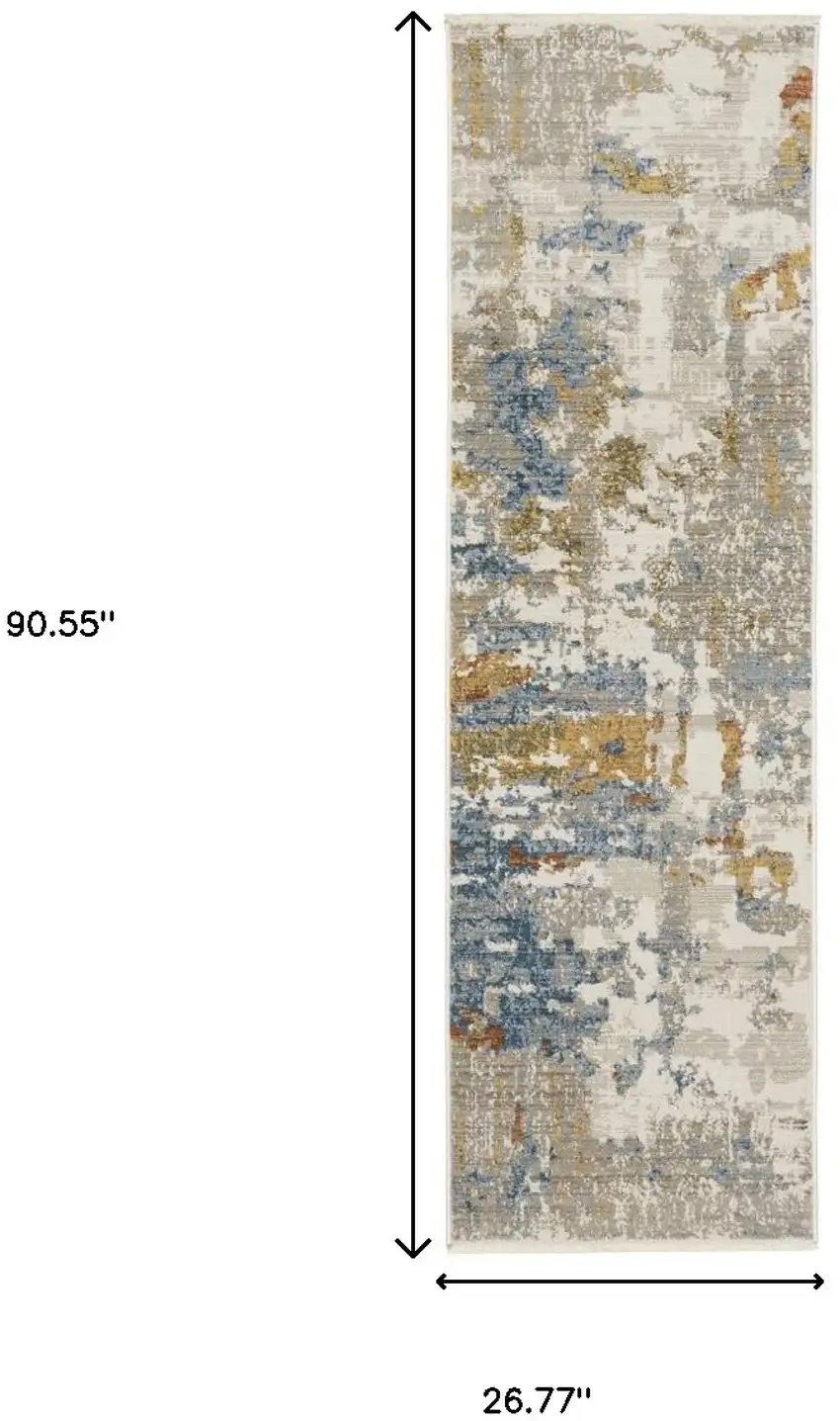 8' Beige Grey Gold Blue Rust And Teal Abstract Power Loom Runner Rug With Fringe Photo 3