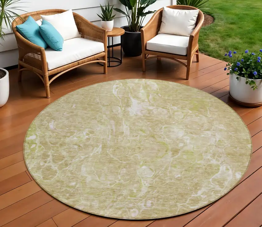 8' Beige Ivory And Artichoke Green Round Abstract Washable Indoor Outdoor Area Rug Photo 1