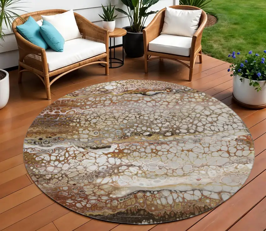8' Beige Ivory And Black Round Abstract Washable Indoor Outdoor Area Rug Photo 1