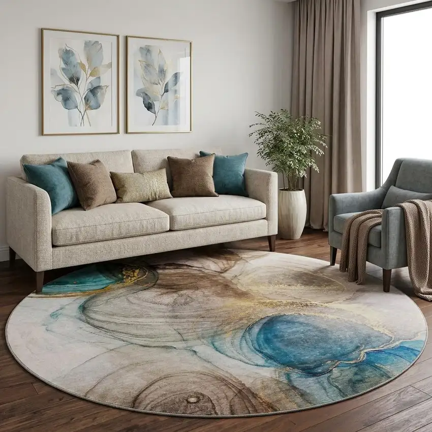 8' Beige Ivory And Blue Abstract Washable Round Rug With UV Protection Photo 1