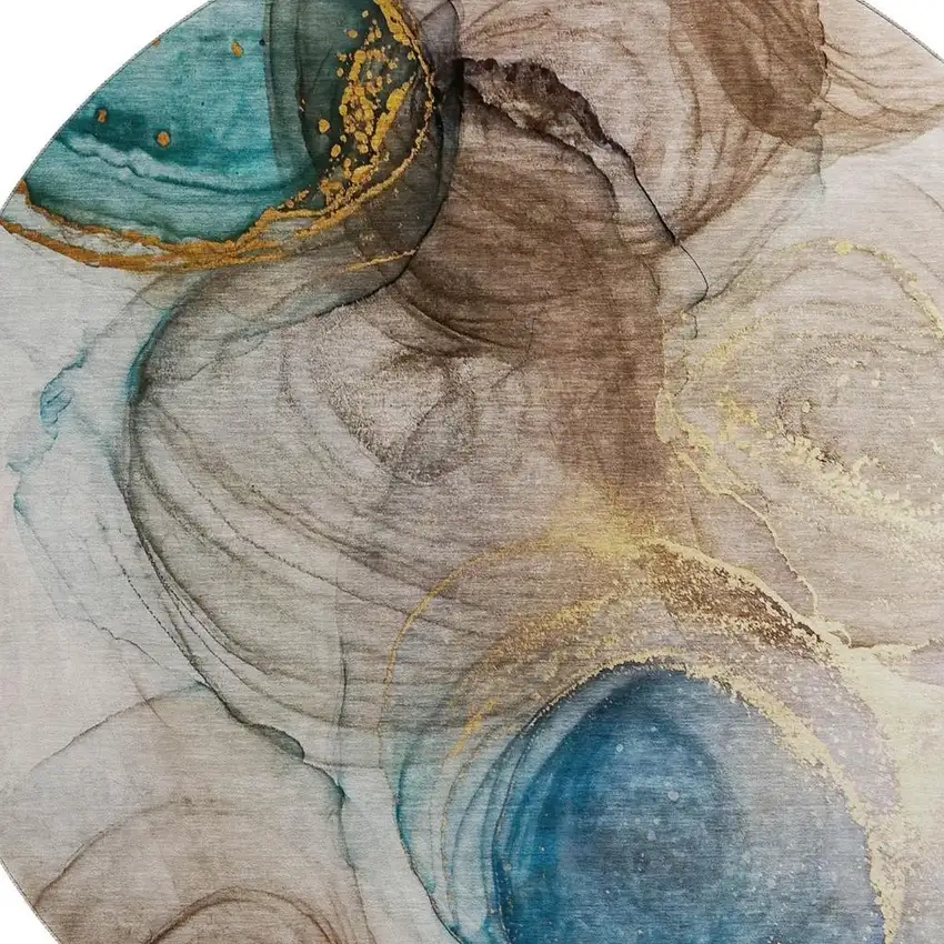 8' Beige Ivory And Blue Abstract Washable Round Rug With UV Protection Photo 3