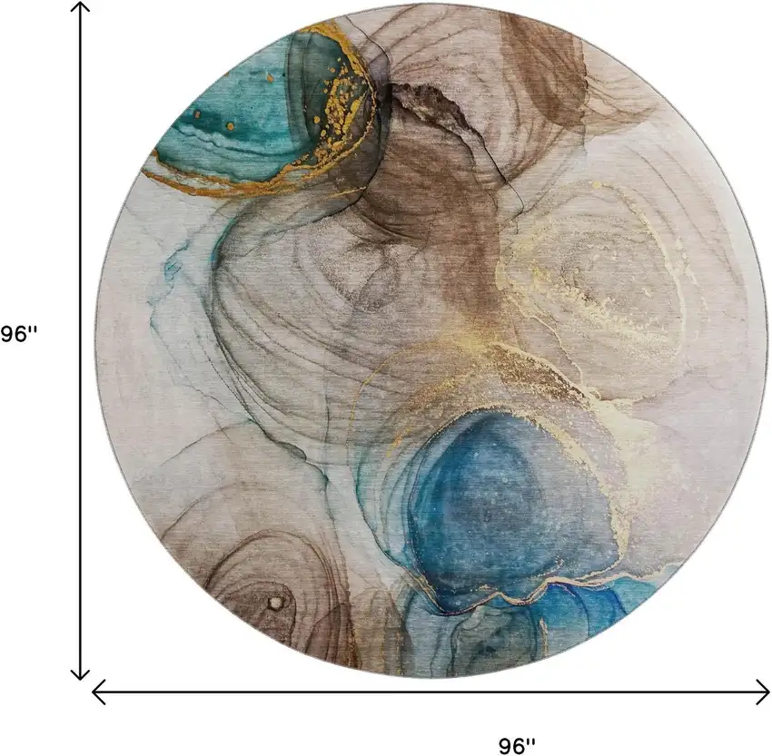 8' Beige Ivory And Blue Abstract Washable Round Rug With UV Protection Photo 9