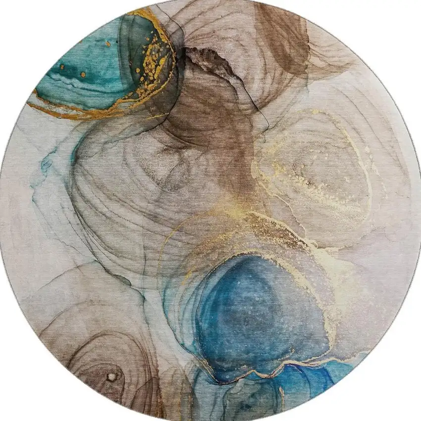 8' Beige Ivory And Blue Abstract Washable Round Rug With UV Protection Photo 4