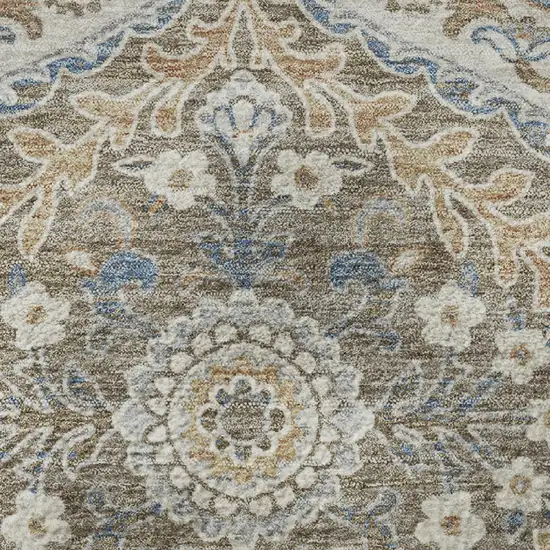 8' Beige Ivory And Blue Floral Washable Round Rug With UV Protection Photo 9