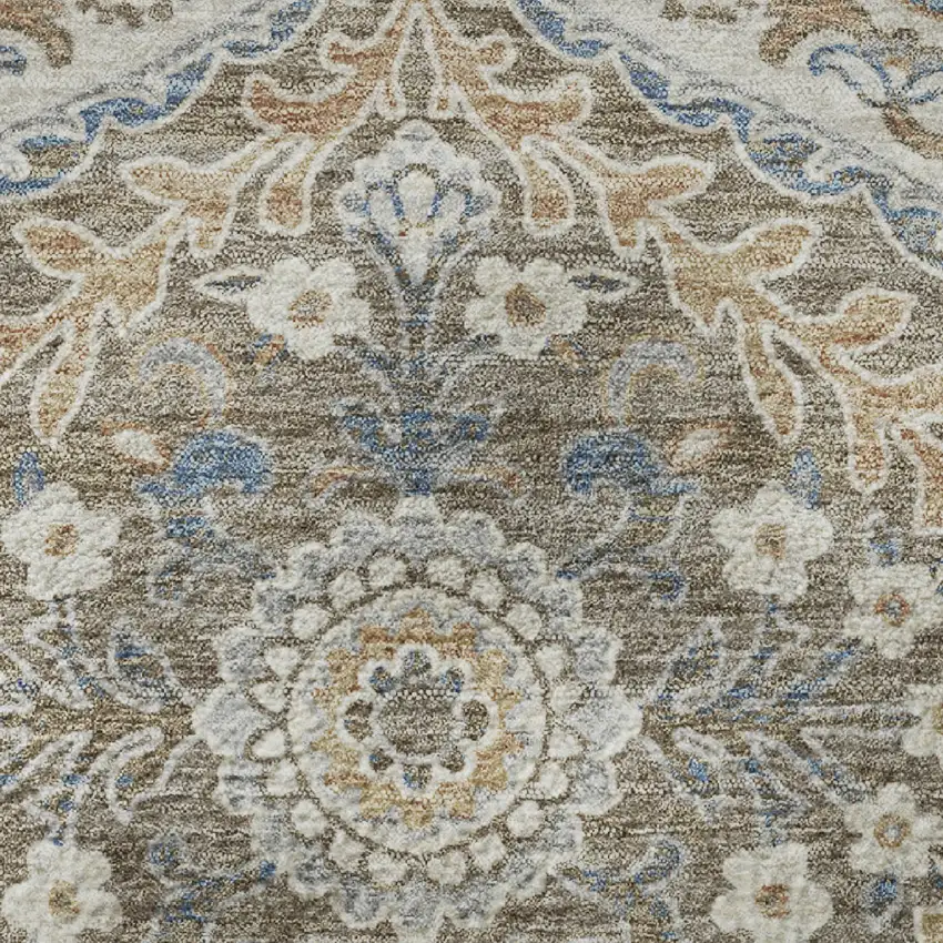 8' Beige Ivory And Blue Floral Washable Round Rug With UV Protection Photo 9