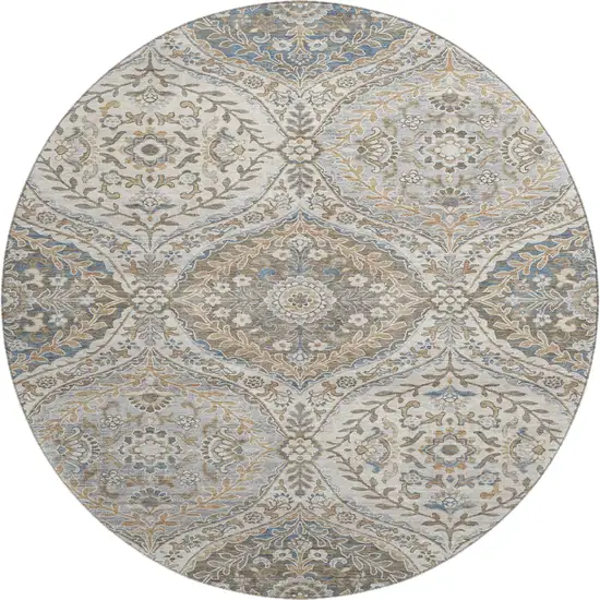 8' Beige Ivory And Blue Floral Washable Round Rug With UV Protection Photo 1
