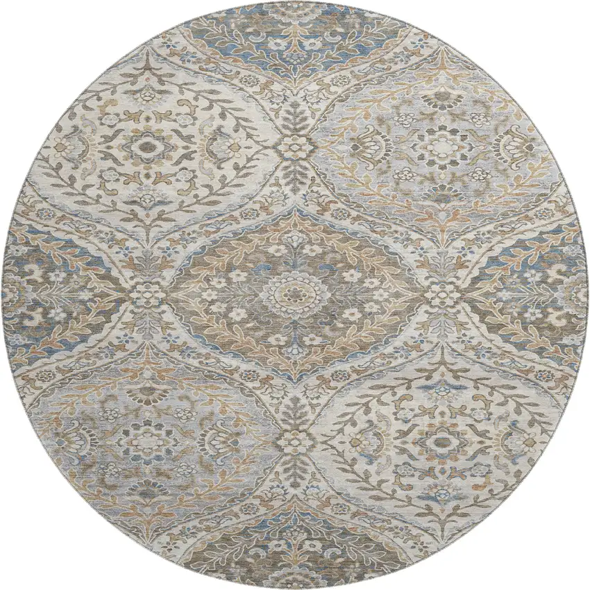 8' Beige Ivory And Blue Floral Washable Round Rug With UV Protection Photo 1
