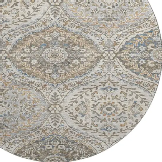 8' Beige Ivory And Blue Floral Washable Round Rug With UV Protection Photo 3