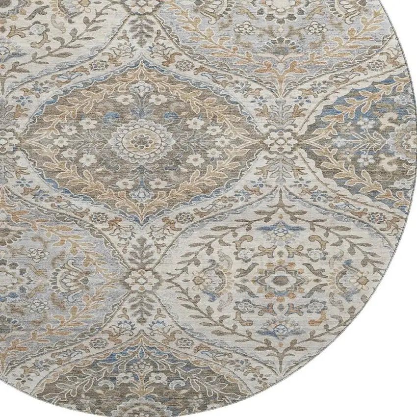 8' Beige Ivory And Blue Floral Washable Round Rug With UV Protection Photo 3