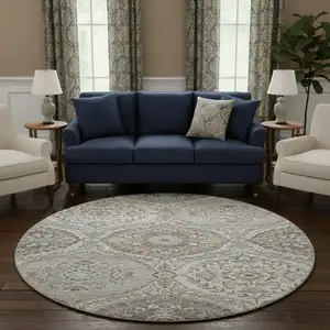 Photo of 8' Beige Ivory And Blue Floral Washable Round Rug With UV Protection