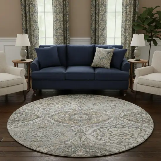 8' Beige Ivory And Blue Floral Washable Round Rug With UV Protection Photo 2