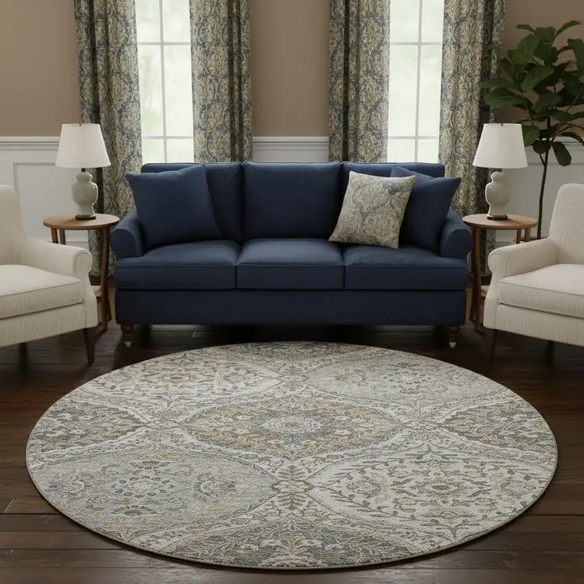 8' Beige Ivory And Blue Floral Washable Round Rug With UV Protection Photo 2