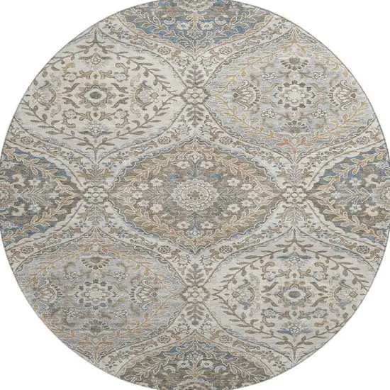 8' Beige Ivory And Blue Floral Washable Round Rug With UV Protection Photo 4