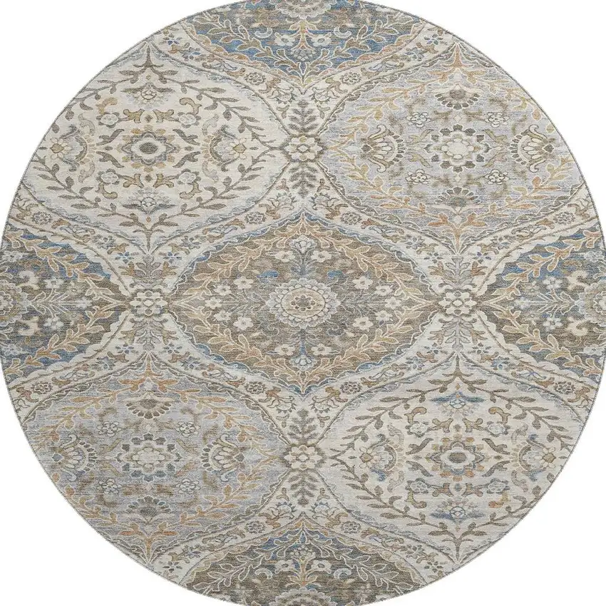 8' Beige Ivory And Blue Floral Washable Round Rug With UV Protection Photo 4