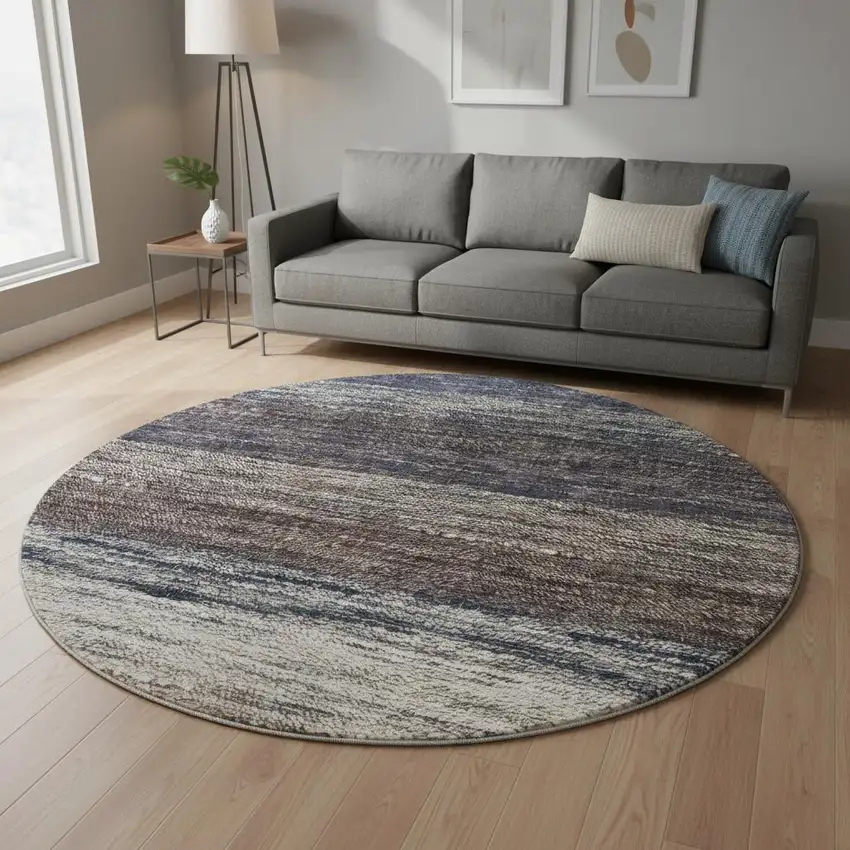 8' Beige Ivory And Blue Ombre Washable Round Rug With UV Protection Photo 2
