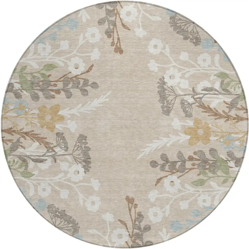 8' Beige Ivory And Blue Round Floral Washable Indoor Outdoor Area Rug Photo 2